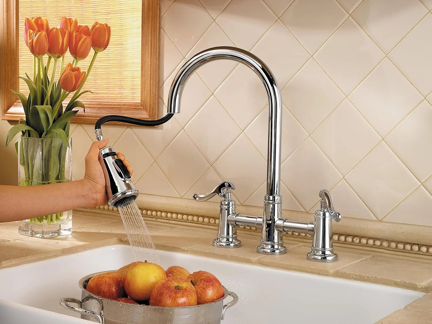 Pfister LG531YPC Ashfield Pull-down Bridge Kitchen Faucet with 2 Handles, Polished Chrome, 1.8 gpm