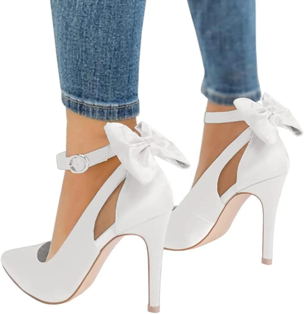 PiePieBuy Women's Pointed Toe High Heels Ankle Strap D'Orsay Pumps Shoes Bow Wedding Bowtie Back Dress Sandals