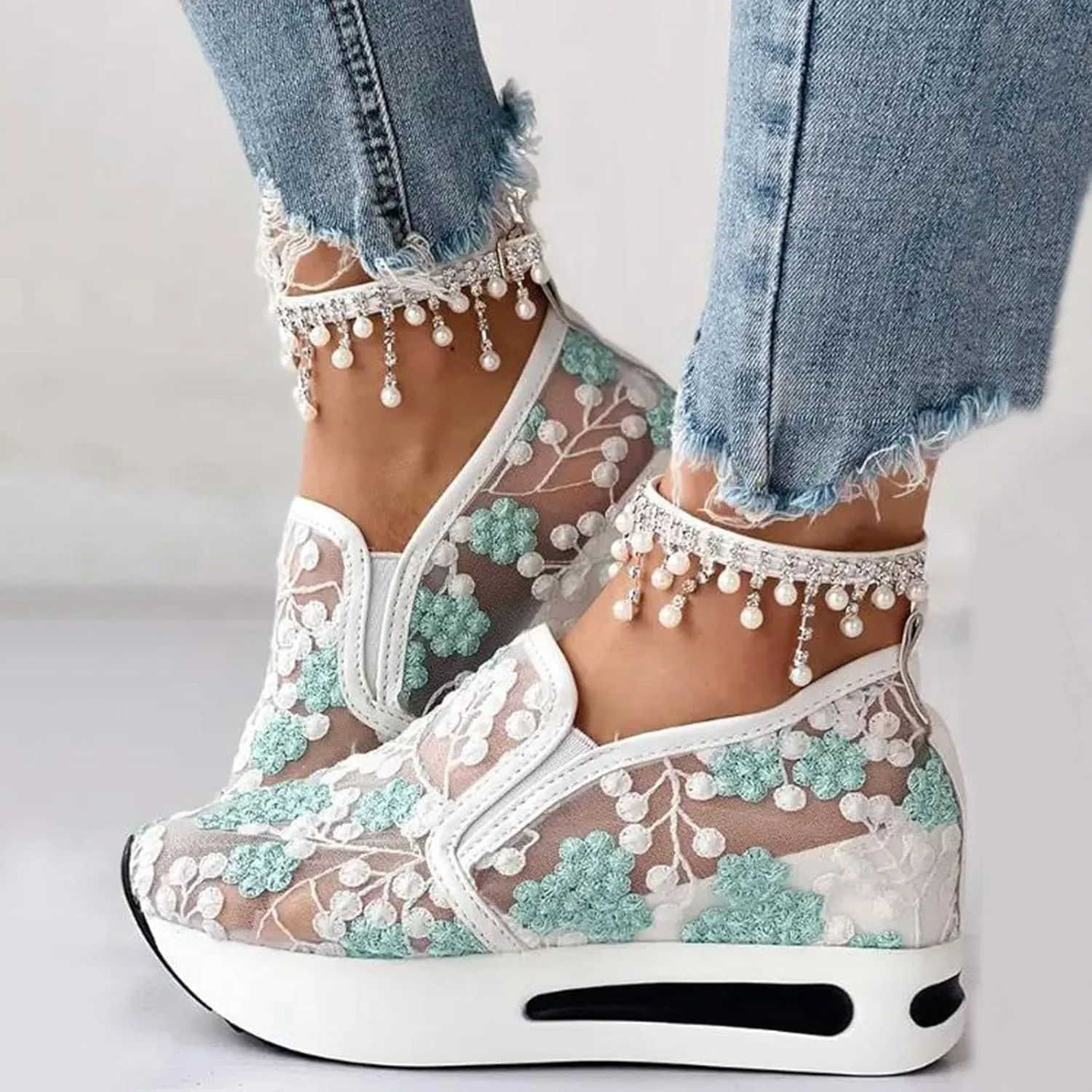 Platform Sneakers for Women Dressy Summer Shoes Lightweight Walking Shoes Fashion Casual Sneakers Comfortable Embroidery Floral Shoe Mesh Breathable Slip On Footwear Floral Loafers