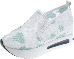 Platform Sneakers for Women Dressy Summer Shoes Lightweight Walking Shoes Fashion Casual Sneakers Comfortable Embroidery Floral Shoe Mesh Breathable Slip On Footwear Floral Loafers