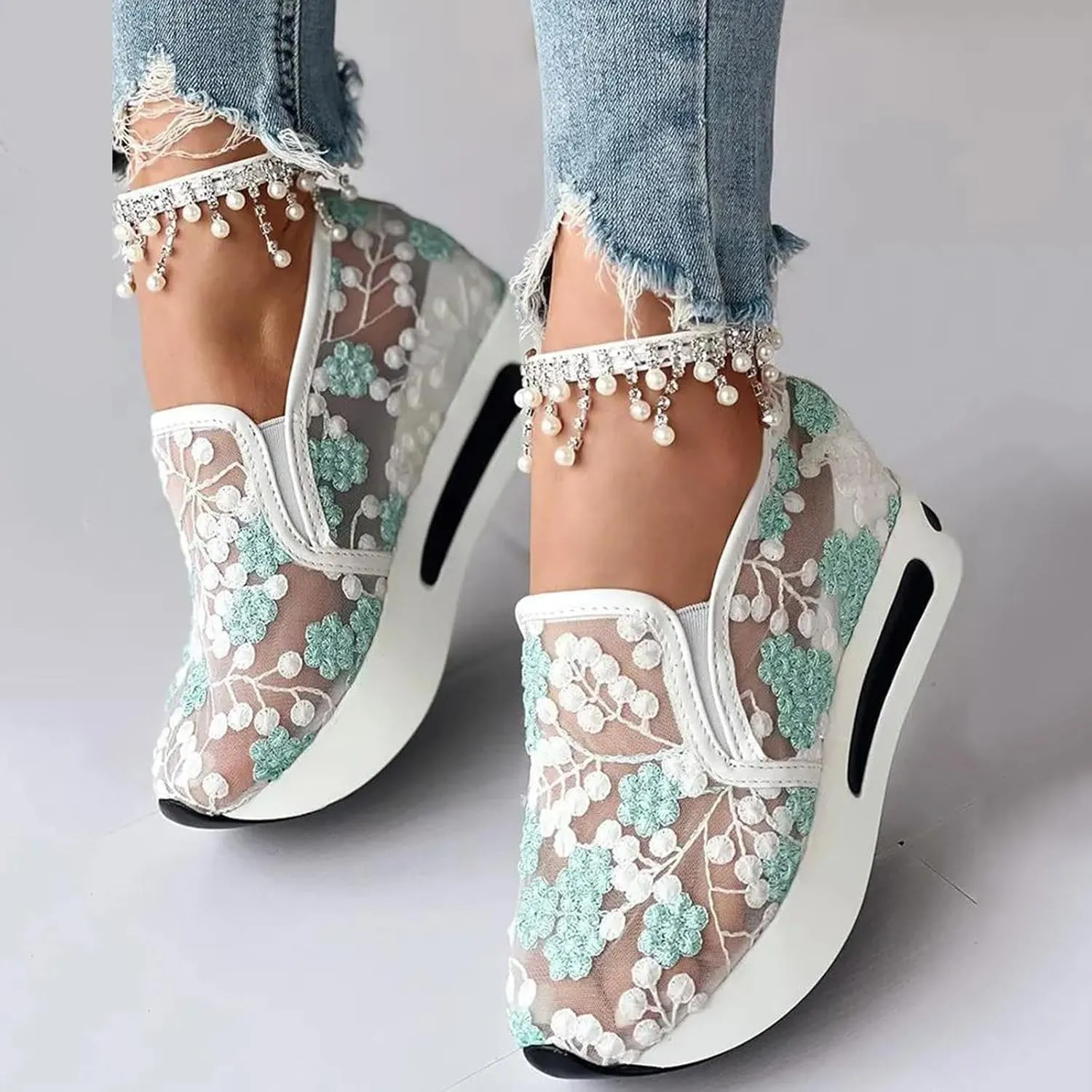 Platform Sneakers for Women Dressy Summer Shoes Lightweight Walking Shoes Fashion Casual Sneakers Comfortable Embroidery Floral Shoe Mesh Breathable Slip On Footwear Floral Loafers