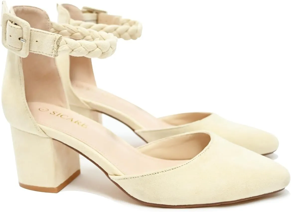 Pointed Toe Pumps Dress Shoes for Women with Black Chunky Heels Ankle Strap Wedding Shoes