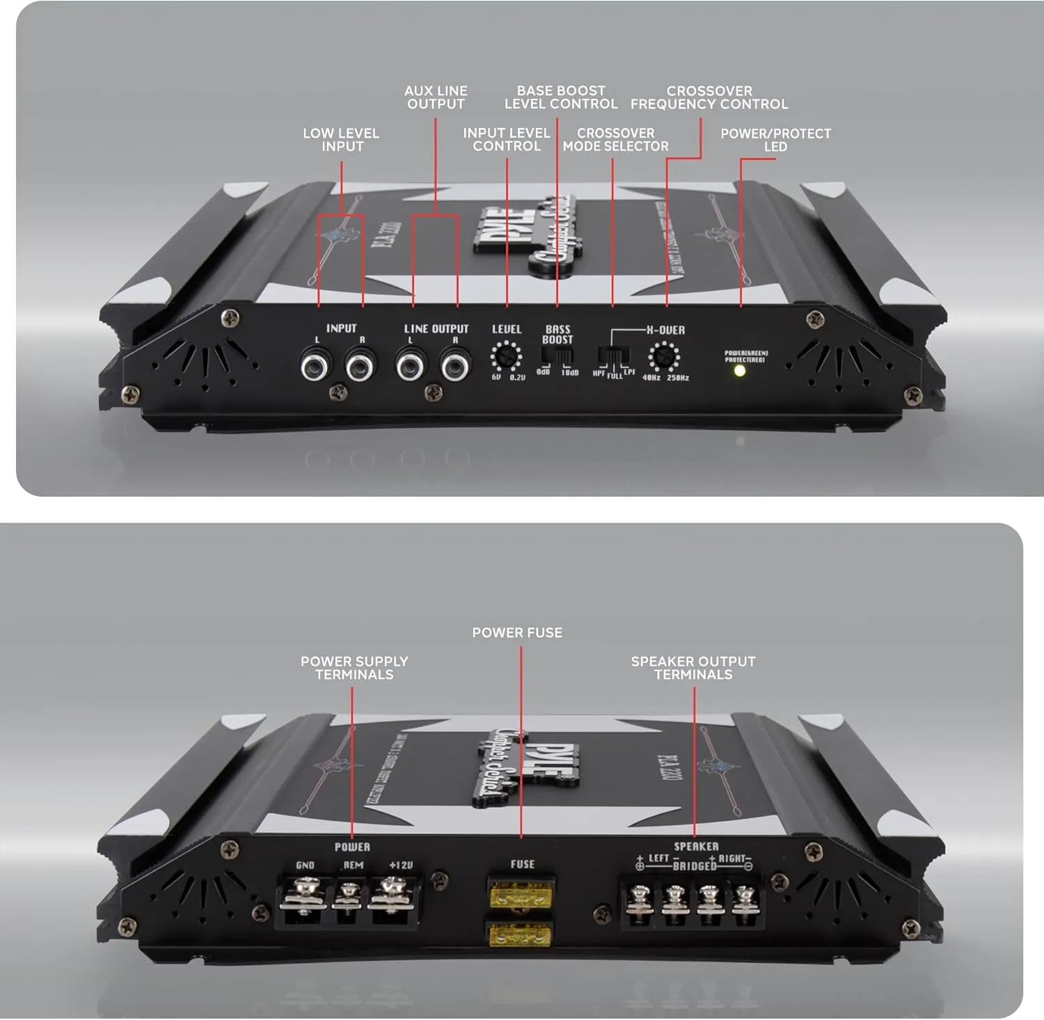 Pyle 2 Channel Car Stereo Amplifier- 1400W Dual Channel Bridgeable High Power MOSFET Audio Sound Auto Small Speaker Amp w/ Crossover, Bass Boost Control, Gold Plated RCA Input Output, Black - PLA2200