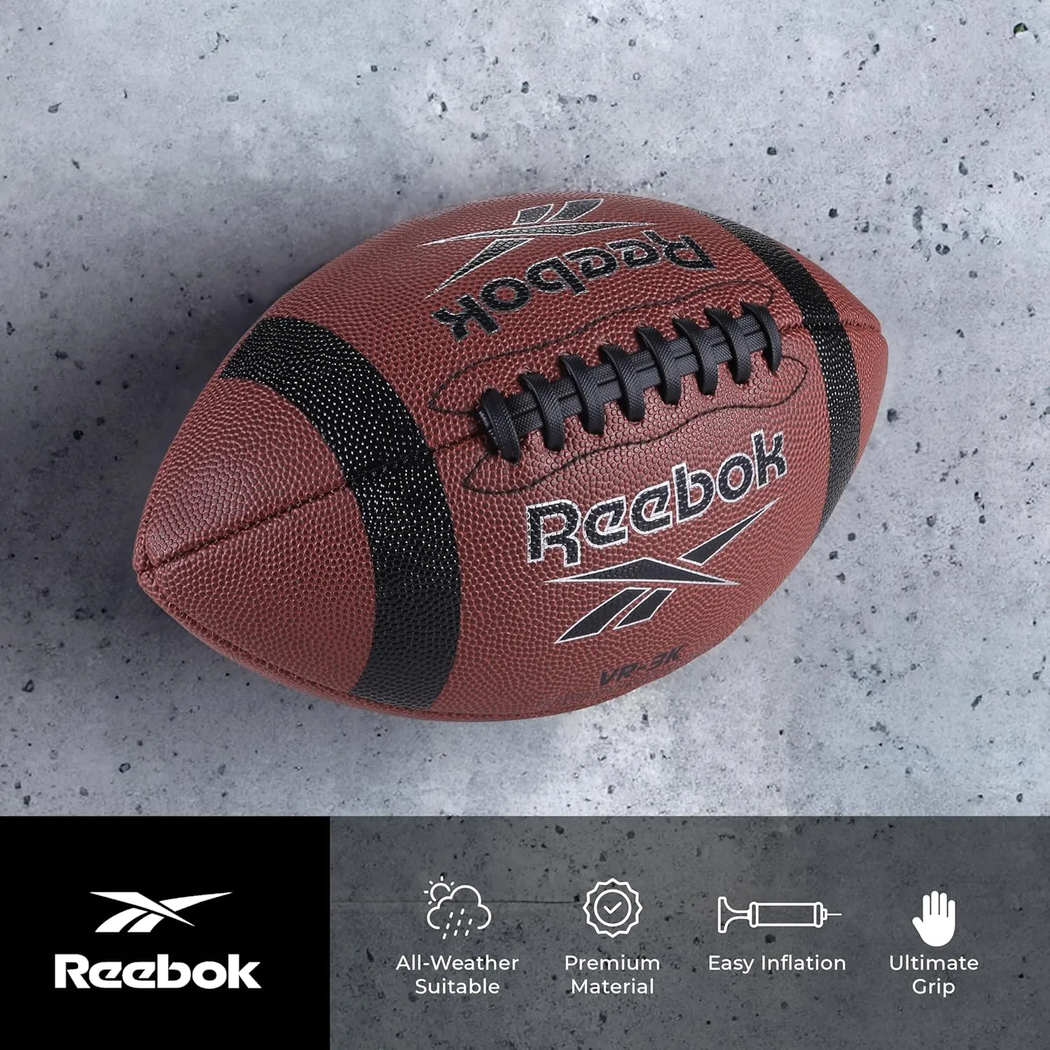Reebok Elite Recreational Football, Official Size, Composite Leather, Innovative Soft Grip Technology, Cushion Lining, Includes Pump & Needle, VR-4K Series (Varsity)