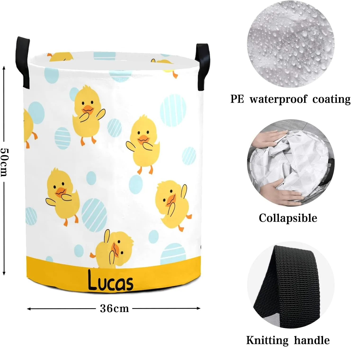 Rubber Duck Swimming Personalized Waterproof Foldable Laundry Basket Bag with Handle, Custom Collapsible Clothes Hamper Storage Bin for Toys Laundry Dorm Travel Bathroom