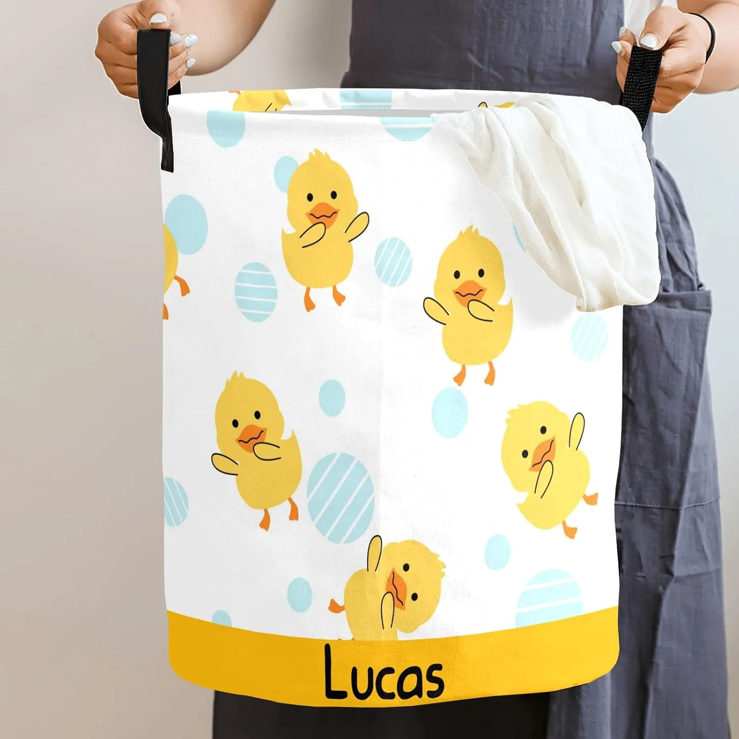 Rubber Duck Swimming Personalized Waterproof Foldable Laundry Basket Bag with Handle, Custom Collapsible Clothes Hamper Storage Bin for Toys Laundry Dorm Travel Bathroom