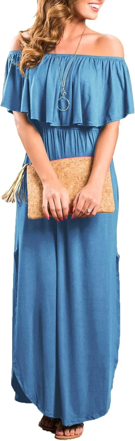 Sarin Mathews Womens Off The Shoulder Ruffle Party Dress Casual Side Split Beach Long Maxi Dresses with Pockets