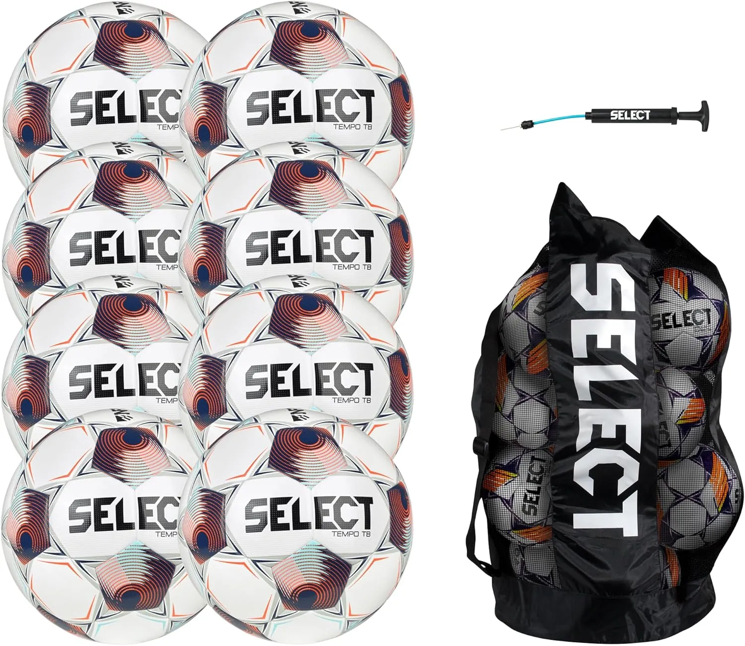 SELECT Tempo TB NFHS Soccer Ball, 8-Ball Pack with Duffle Ball Bag and Hand Pump, White/Blue/Orange NFHS, Size 5