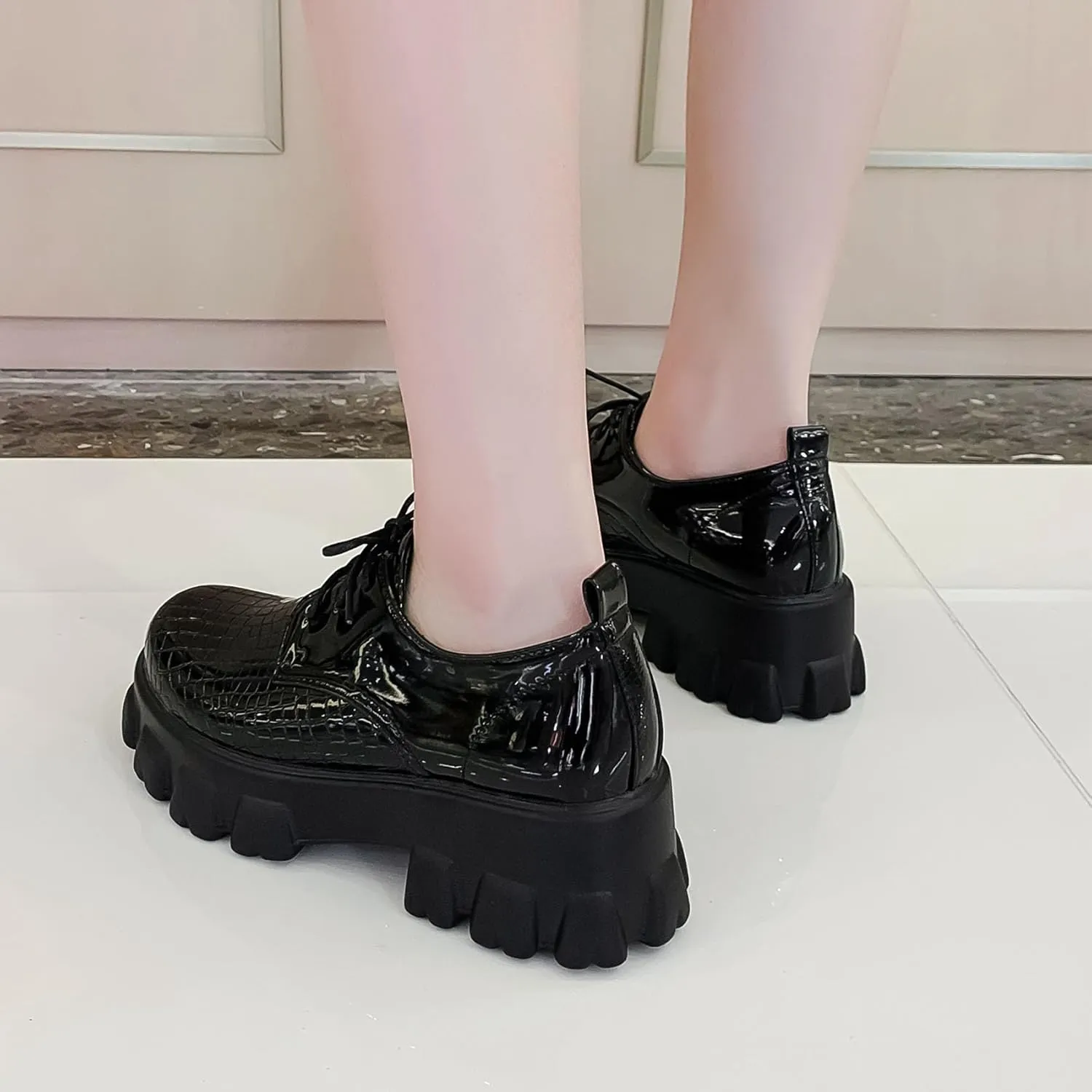SHEMEE Women's Platform Oxfords Chunky Heels Loafer Lug Sole Lace Up Derby Shoes Comfort Business Work Office Dress Pumps