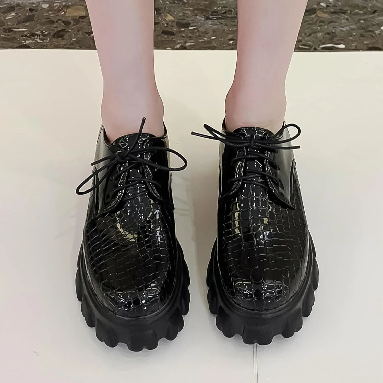 SHEMEE Women's Platform Oxfords Chunky Heels Loafer Lug Sole Lace Up Derby Shoes Comfort Business Work Office Dress Pumps