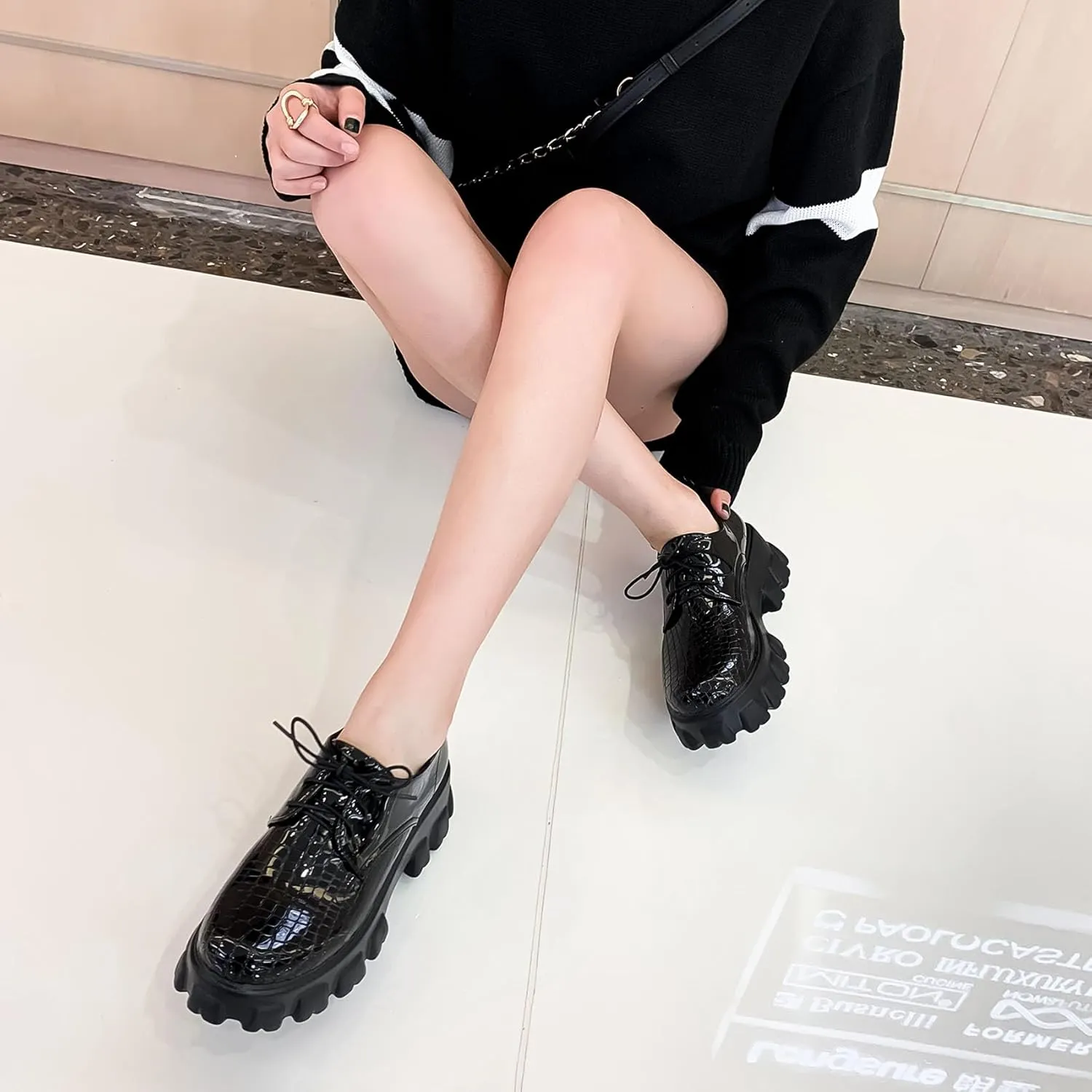 SHEMEE Women's Platform Oxfords Chunky Heels Loafer Lug Sole Lace Up Derby Shoes Comfort Business Work Office Dress Pumps