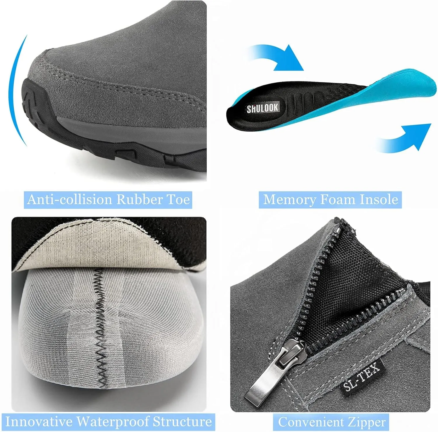 SHULOOK Men's Waterproof Slip On Hiking Shoes Lightweight Zipper Loafers Comfort Non-Slip Outdoor Shoe