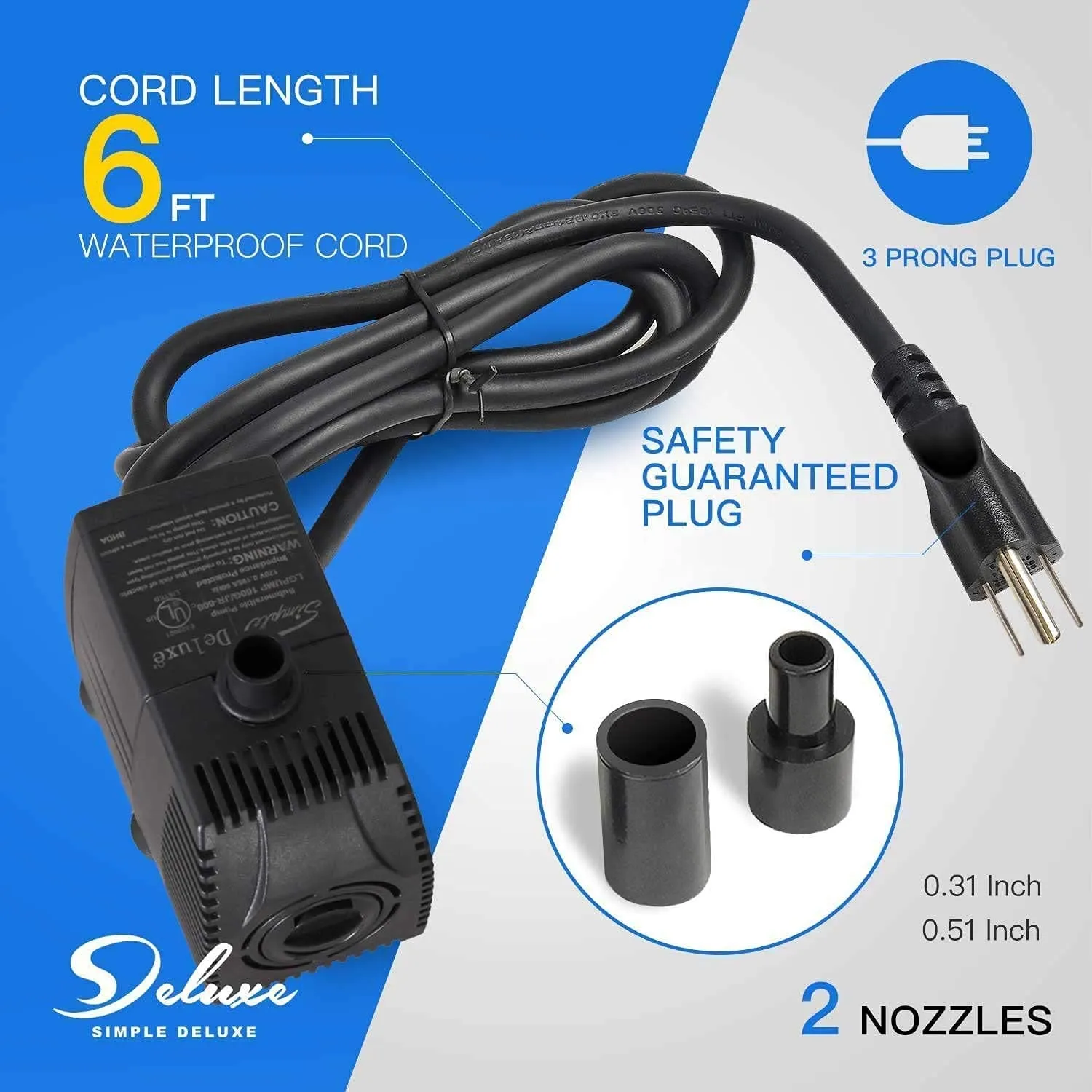 Simple Deluxe 25W 200 GPH Submersible Pump with Adjustable Intake & 6' Waterproof Cord for Fish Tank, Hydroponics, Fountains, Ponds, Statuary, Aquariums, Black, 2 Pack