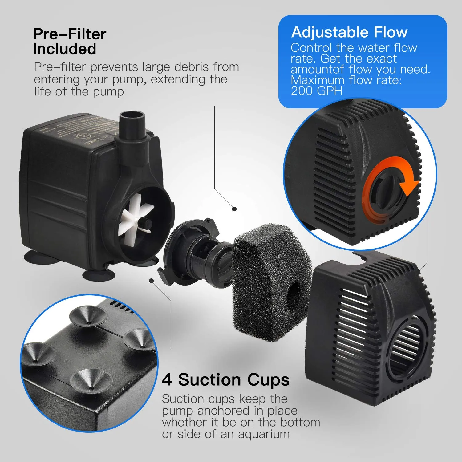 Simple Deluxe 25W 200 GPH Submersible Pump with Adjustable Intake & 6' Waterproof Cord for Fish Tank, Hydroponics, Fountains, Ponds, Statuary, Aquariums, Black, 2 Pack