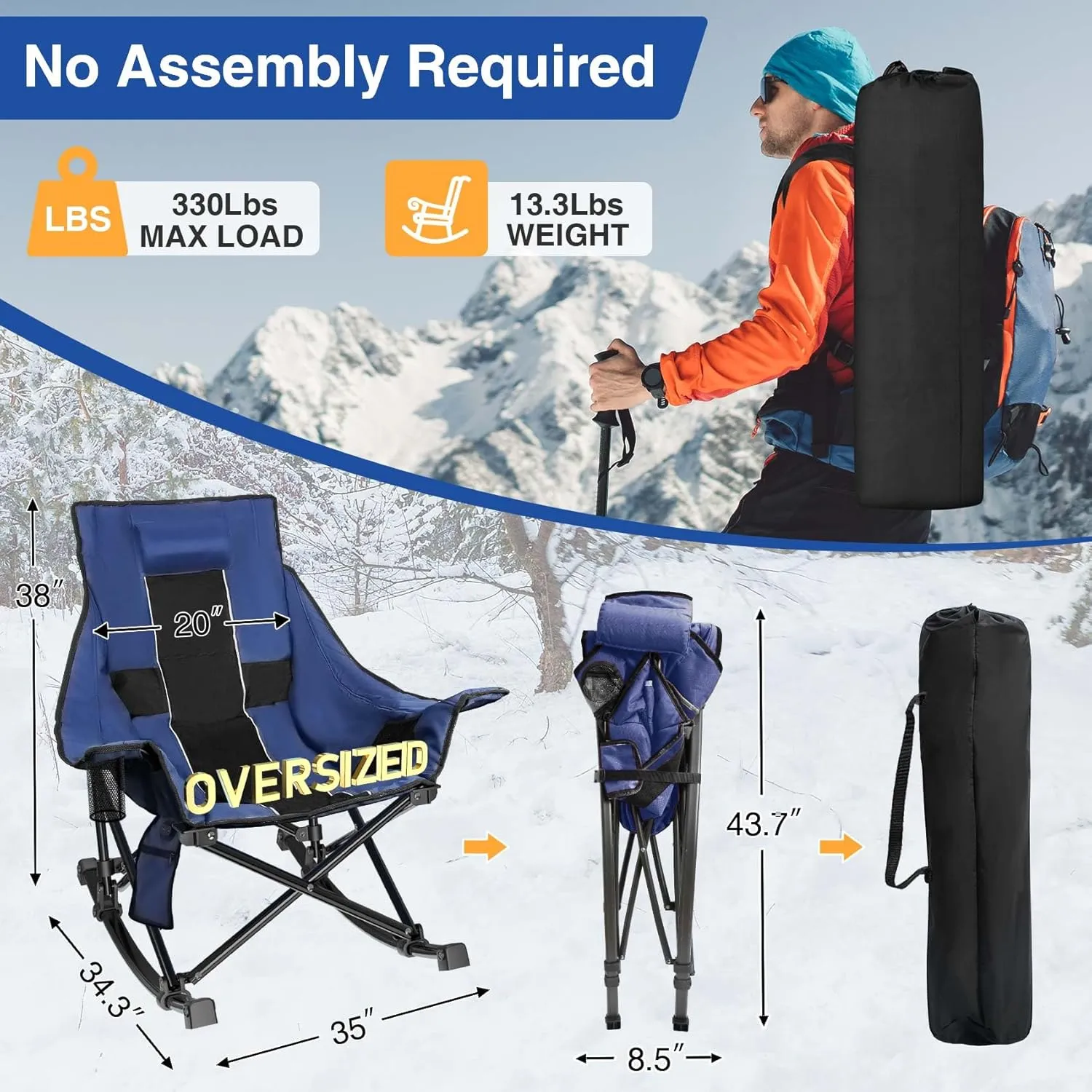 Slendor Oversized Rocking Camping Chair, XL Heated Camping Chair w/ 3 Levels Heat for Back Seat, Padded Rocking Lawn Chair with 20000 mAh Power Bank, Pillow, Side Pocket, Carry Bag, Navy Blue