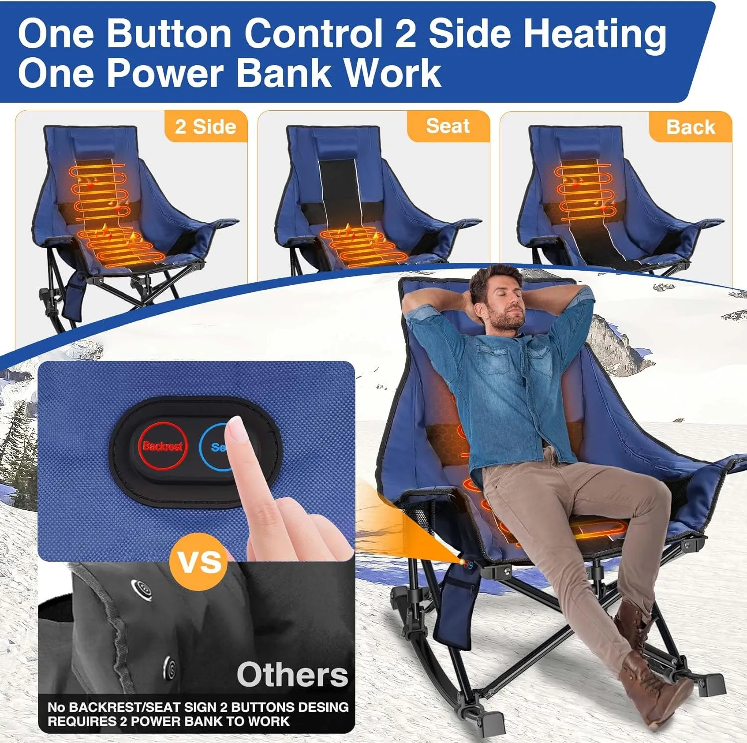 Slendor Oversized Rocking Camping Chair, XL Heated Camping Chair w/ 3 Levels Heat for Back Seat, Padded Rocking Lawn Chair with 20000 mAh Power Bank, Pillow, Side Pocket, Carry Bag, Navy Blue