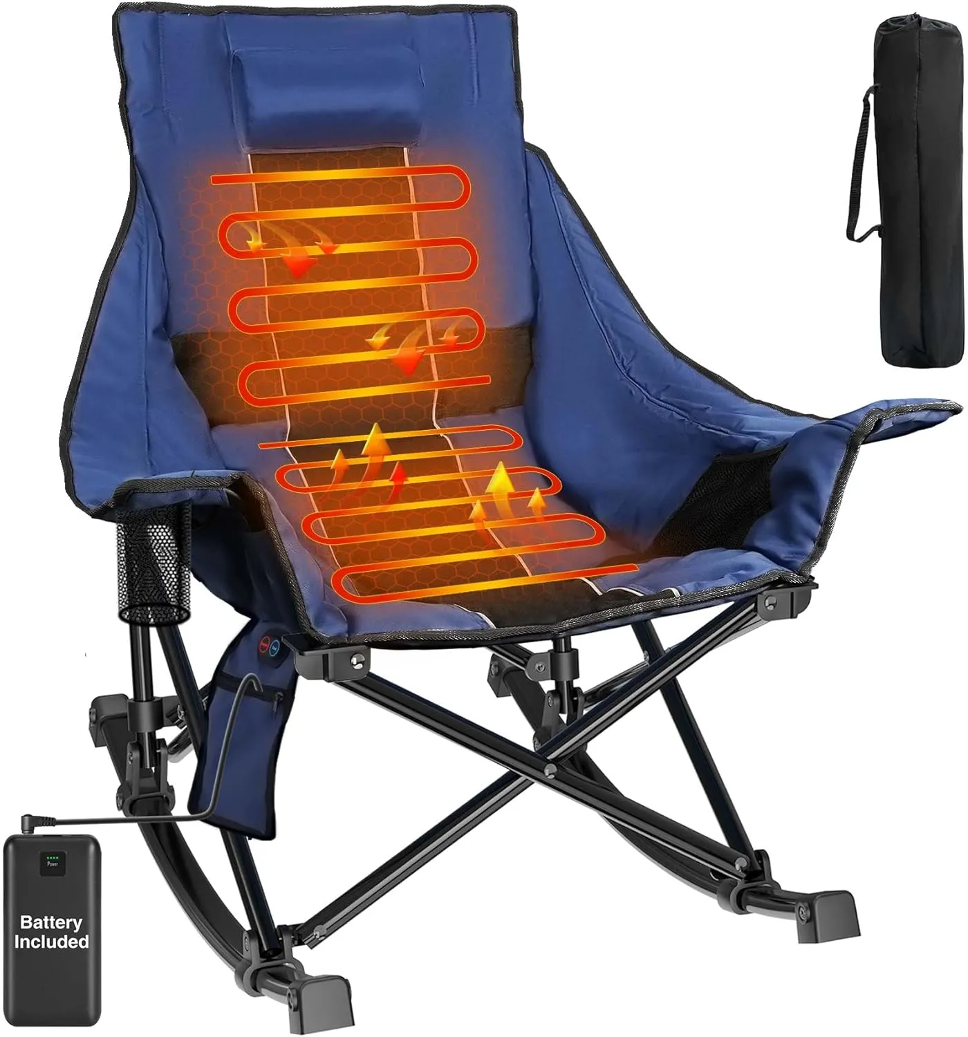 Slendor Oversized Rocking Camping Chair, XL Heated Camping Chair w/ 3 Levels Heat for Back Seat, Padded Rocking Lawn Chair with 20000 mAh Power Bank, Pillow, Side Pocket, Carry Bag, Navy Blue