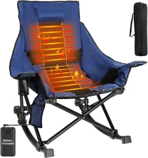 Slendor Oversized Rocking Camping Chair, XL Heated Camping Chair w/ 3 Levels Heat for Back Seat, Padded Rocking Lawn Chair with 20000 mAh Power Bank, Pillow, Side Pocket, Carry Bag, Navy Blue