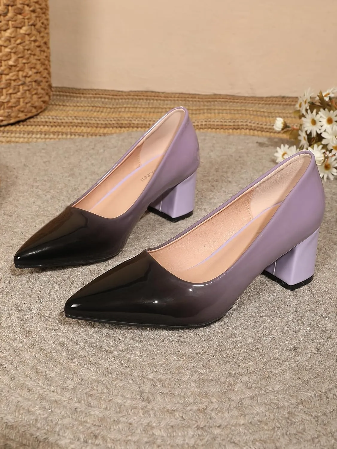 Slip On Low Block Pumps for Women Patent Leather Comfortable 2.36 Inch Women's Closed Pointy Toe Chunky Heels Two Tone Work Dress Party Pump Shoes