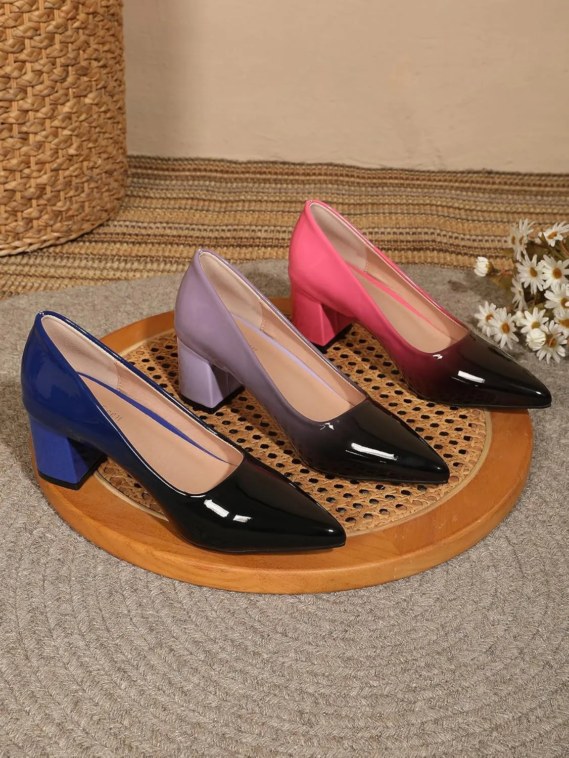Slip On Low Block Pumps for Women Patent Leather Comfortable 2.36 Inch Women's Closed Pointy Toe Chunky Heels Two Tone Work Dress Party Pump Shoes
