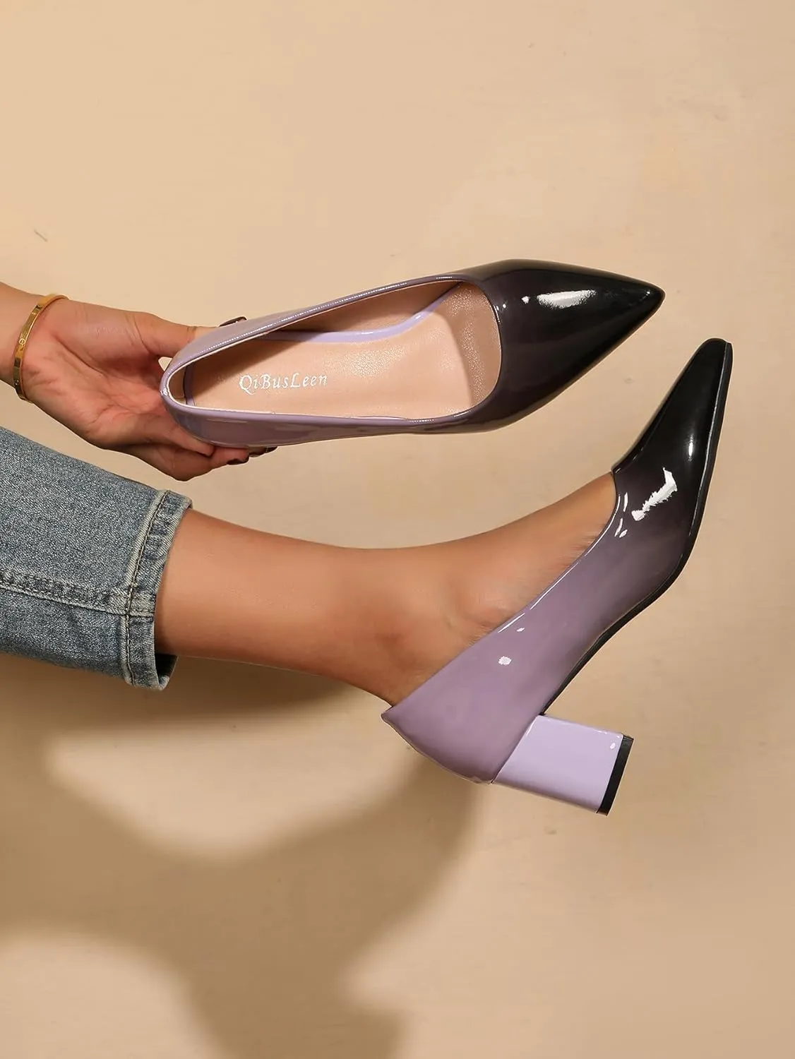Slip On Low Block Pumps for Women Patent Leather Comfortable 2.36 Inch Women's Closed Pointy Toe Chunky Heels Two Tone Work Dress Party Pump Shoes