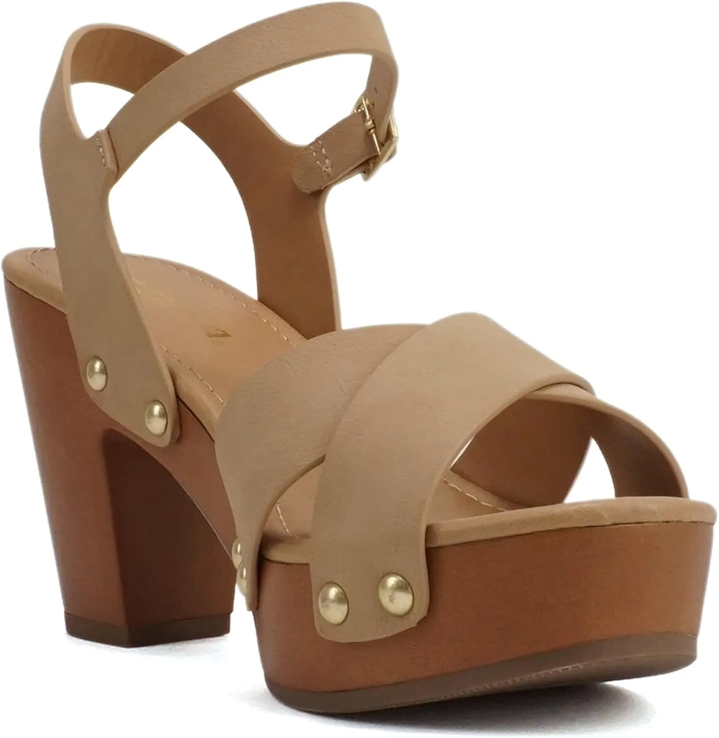 Soda MIGUEL ~ Women Crisscross Band Fashion Chunky Platform Block Mid Heel Sandal with Ankle Strap and Stud