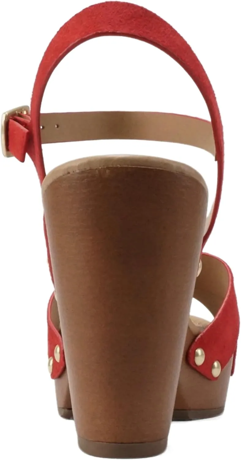 Soda MIGUEL ~ Women Crisscross Band Fashion Chunky Platform Block Mid Heel Sandal with Ankle Strap and Stud