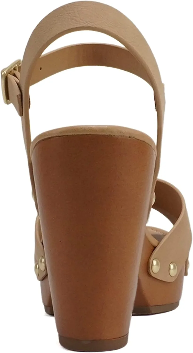 Soda MIGUEL ~ Women Crisscross Band Fashion Chunky Platform Block Mid Heel Sandal with Ankle Strap and Stud