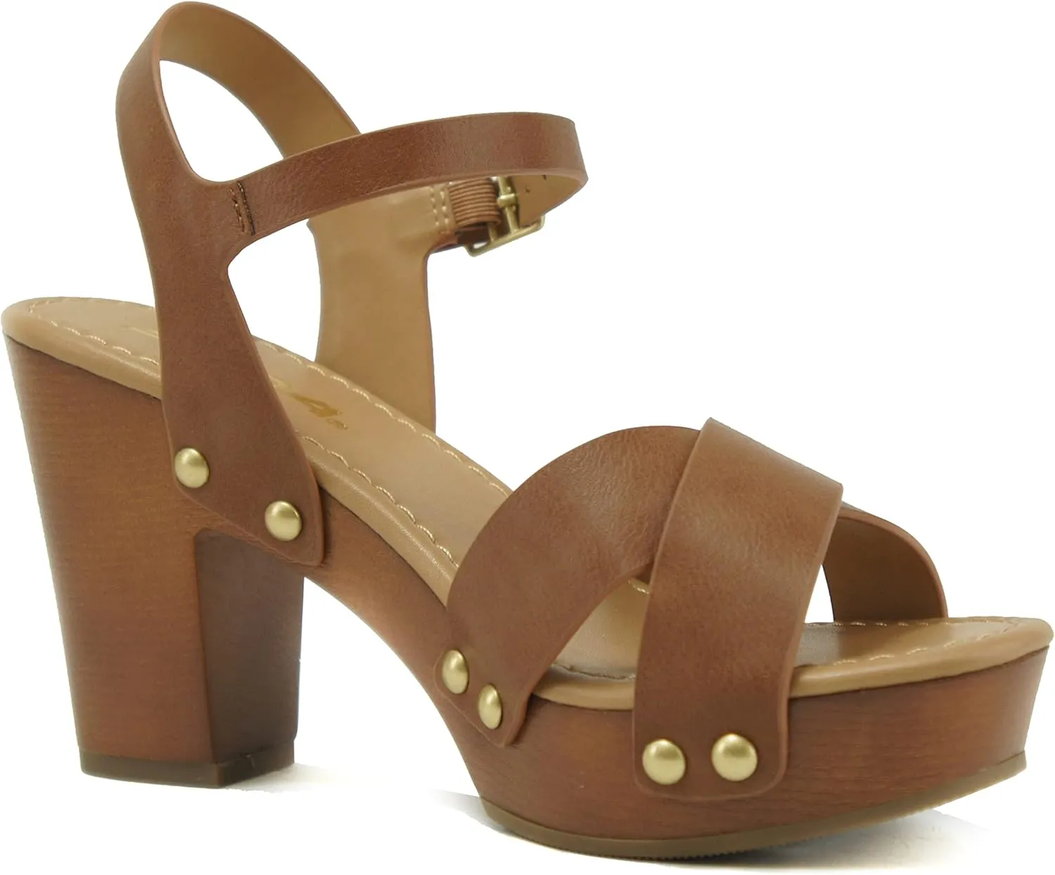 Soda MIGUEL ~ Women Crisscross Band Fashion Chunky Platform Block Mid Heel Sandal with Ankle Strap and Stud