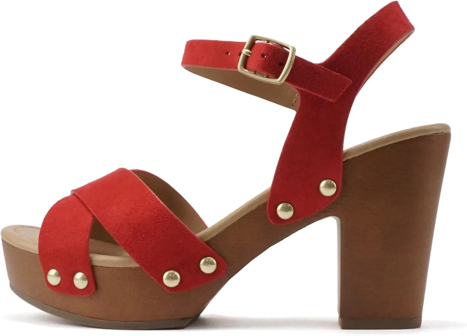 Soda MIGUEL ~ Women Crisscross Band Fashion Chunky Platform Block Mid Heel Sandal with Ankle Strap and Stud