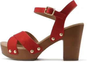 Soda MIGUEL ~ Women Crisscross Band Fashion Chunky Platform Block Mid Heel Sandal with Ankle Strap and Stud