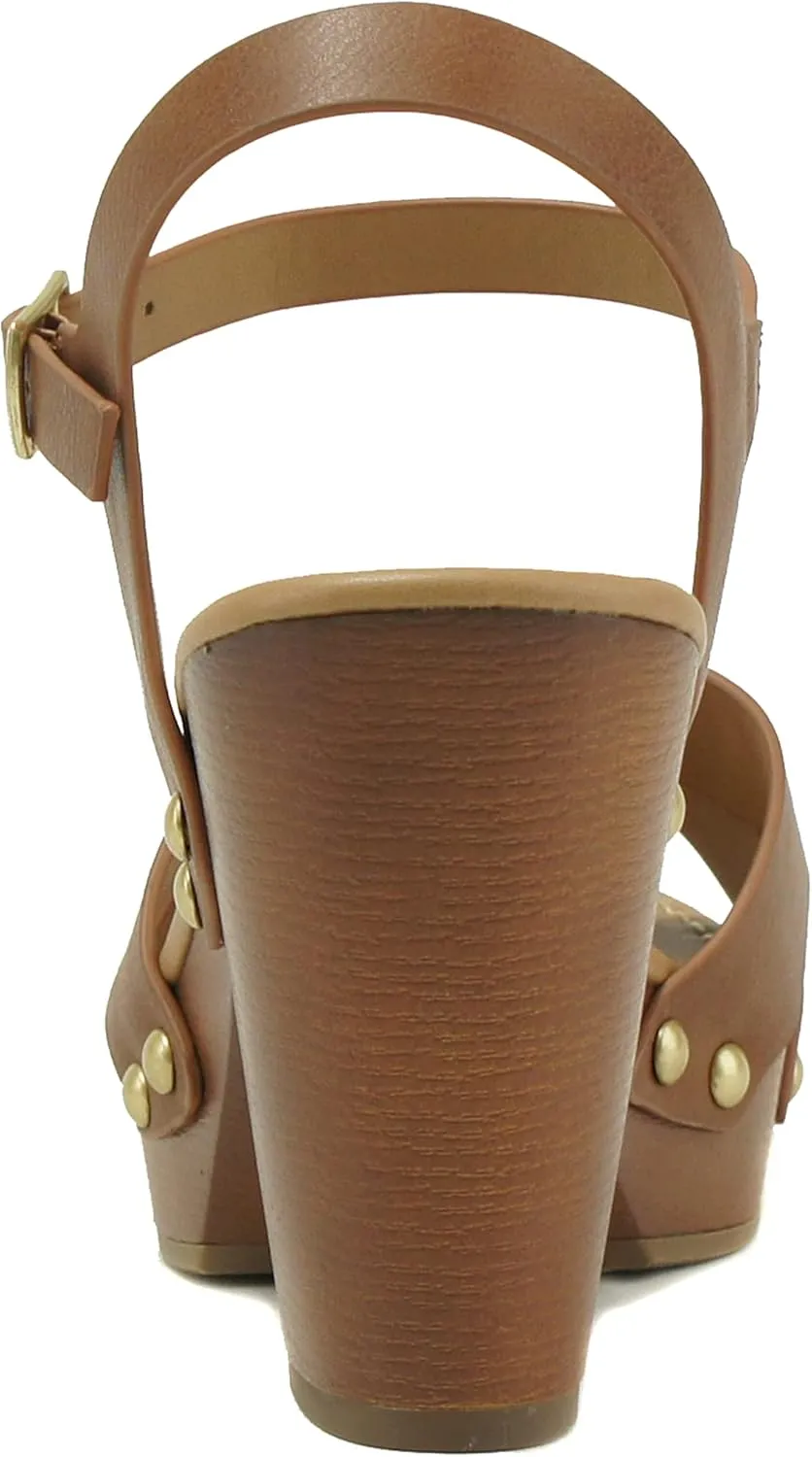 Soda MIGUEL ~ Women Crisscross Band Fashion Chunky Platform Block Mid Heel Sandal with Ankle Strap and Stud