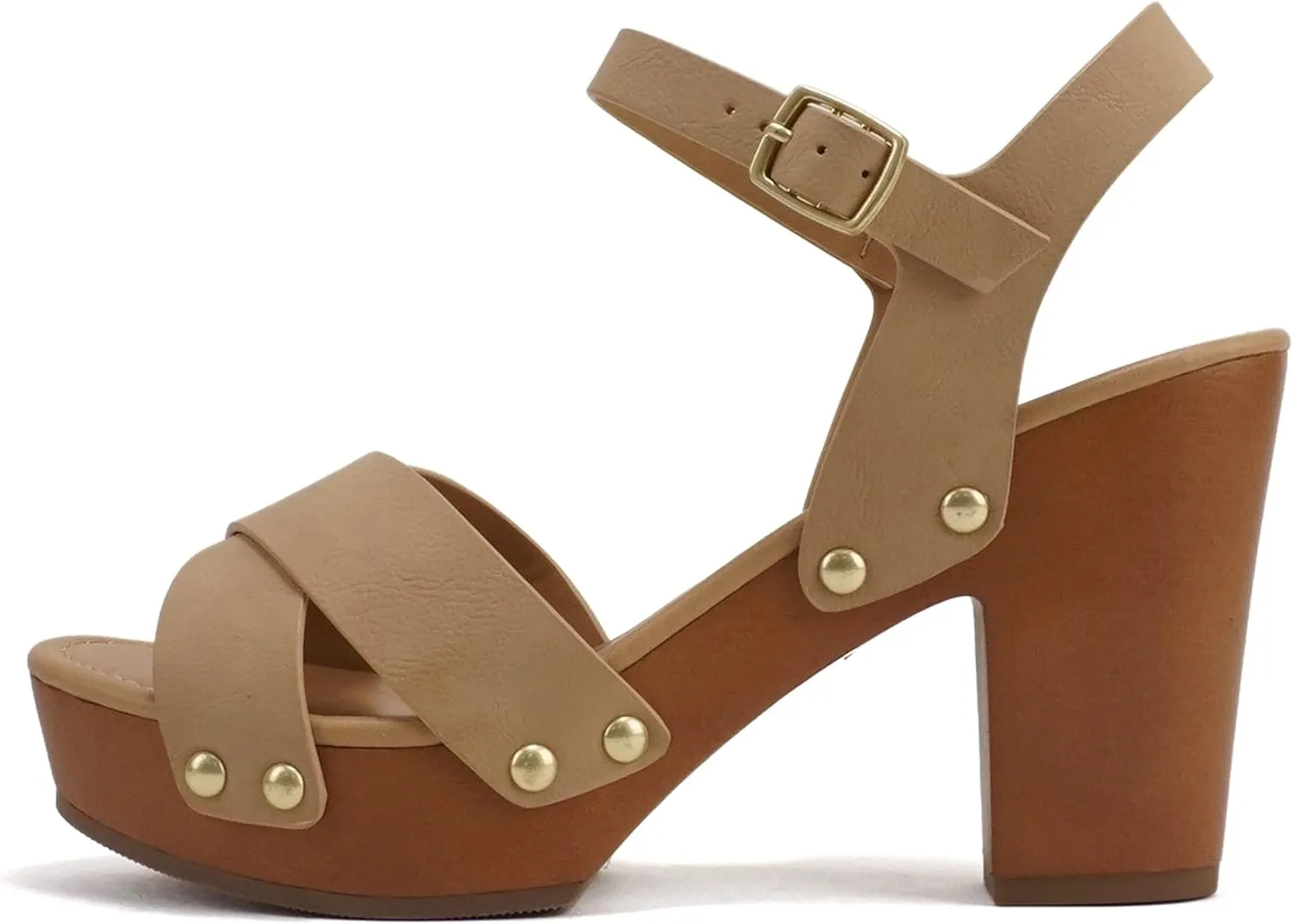Soda MIGUEL ~ Women Crisscross Band Fashion Chunky Platform Block Mid Heel Sandal with Ankle Strap and Stud