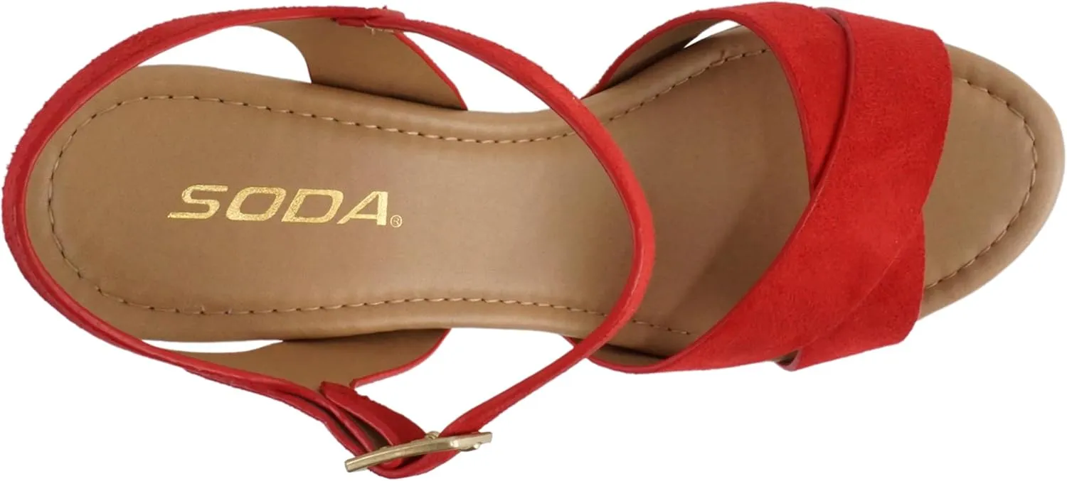 Soda MIGUEL ~ Women Crisscross Band Fashion Chunky Platform Block Mid Heel Sandal with Ankle Strap and Stud