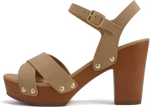 Soda MIGUEL ~ Women Crisscross Band Fashion Chunky Platform Block Mid Heel Sandal with Ankle Strap and Stud