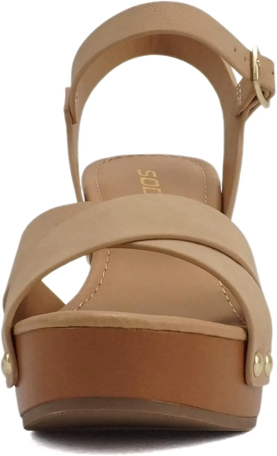Soda MIGUEL ~ Women Crisscross Band Fashion Chunky Platform Block Mid Heel Sandal with Ankle Strap and Stud