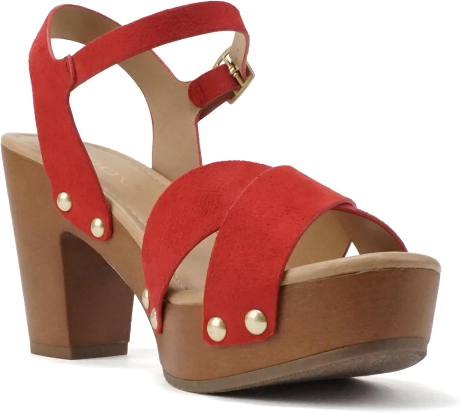 Soda MIGUEL ~ Women Crisscross Band Fashion Chunky Platform Block Mid Heel Sandal with Ankle Strap and Stud