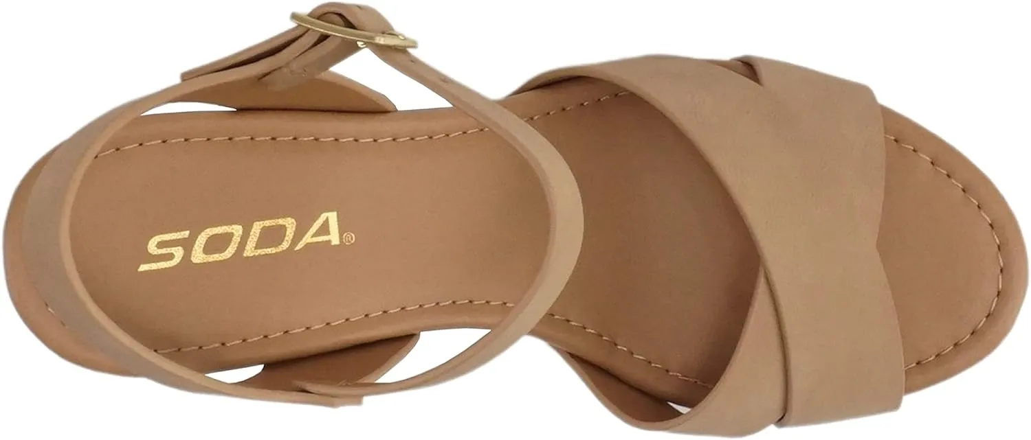 Soda MIGUEL ~ Women Crisscross Band Fashion Chunky Platform Block Mid Heel Sandal with Ankle Strap and Stud