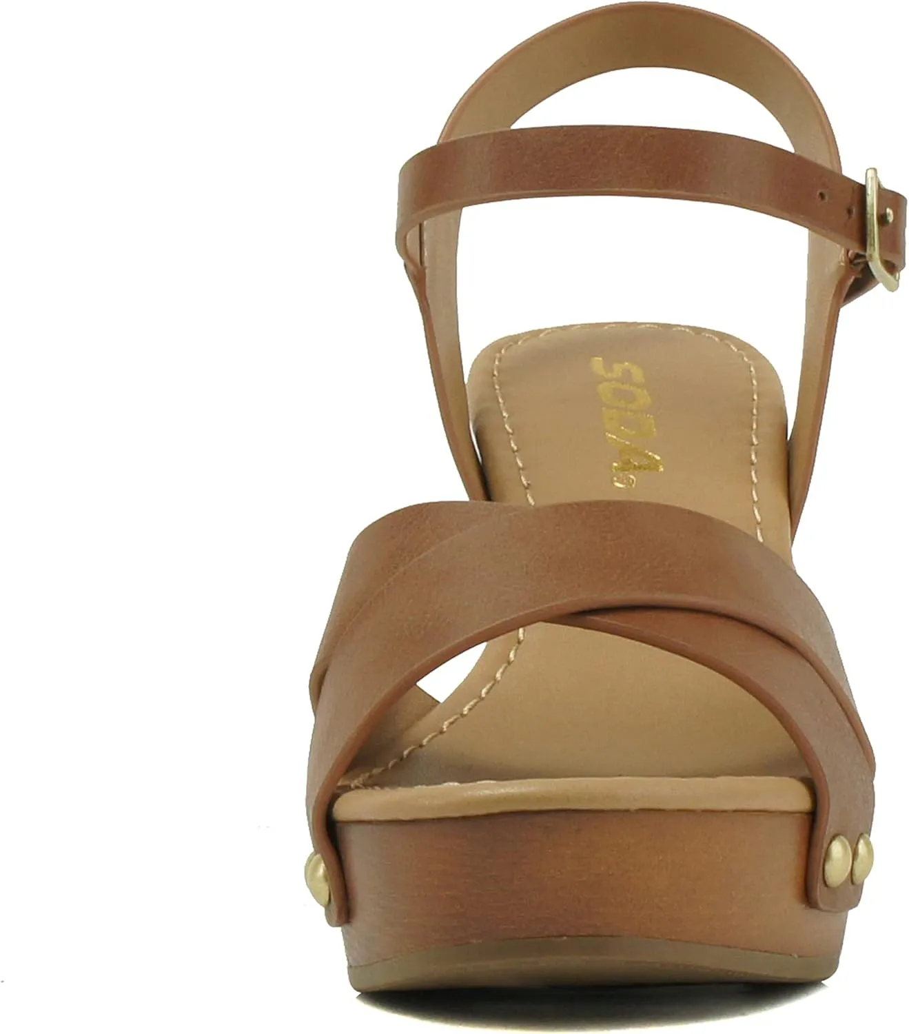 Soda MIGUEL ~ Women Crisscross Band Fashion Chunky Platform Block Mid Heel Sandal with Ankle Strap and Stud