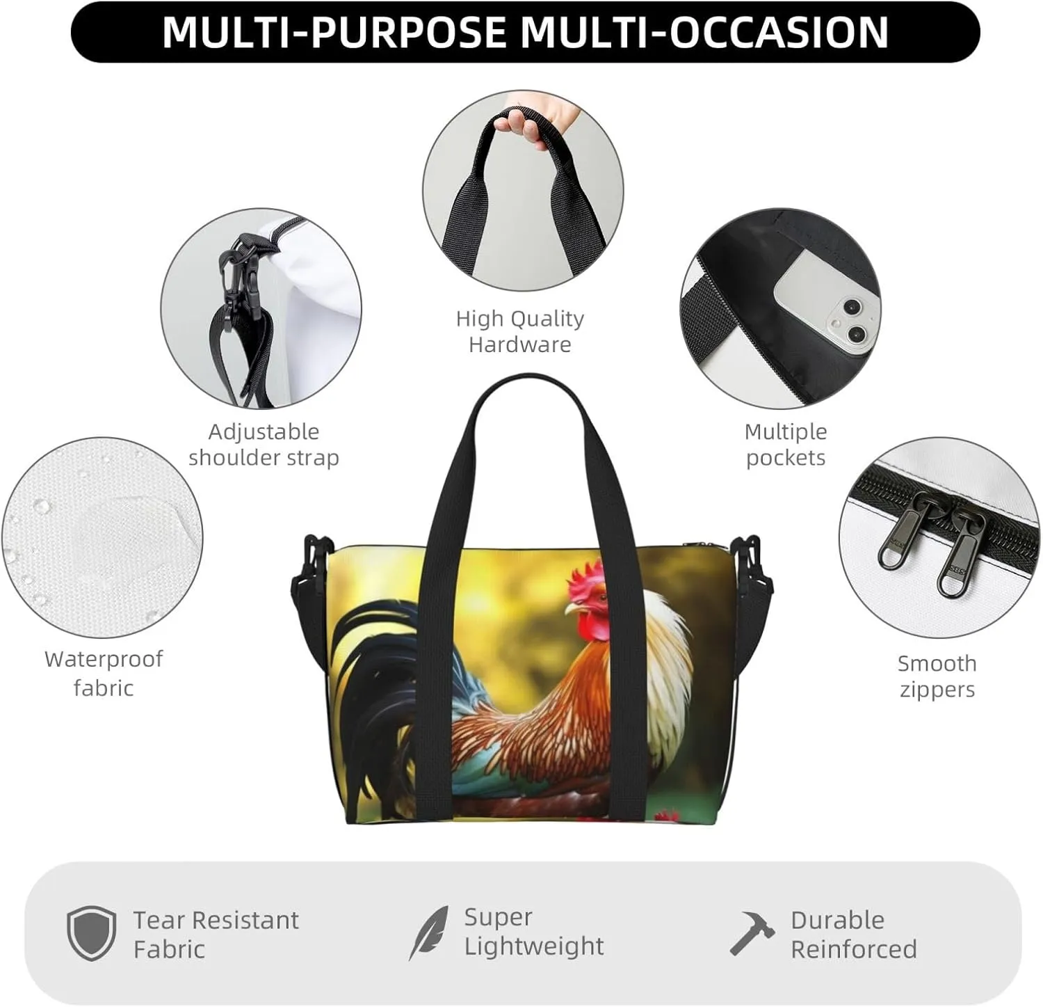 Sports Gym Bag for Women Men Travel Duffel Bag Tote Beautiful Rooster Hen Weekender Bag Canvas Carry on Overnight Bag for Travel Swimming Fitness Workout Sports Duffle Bag