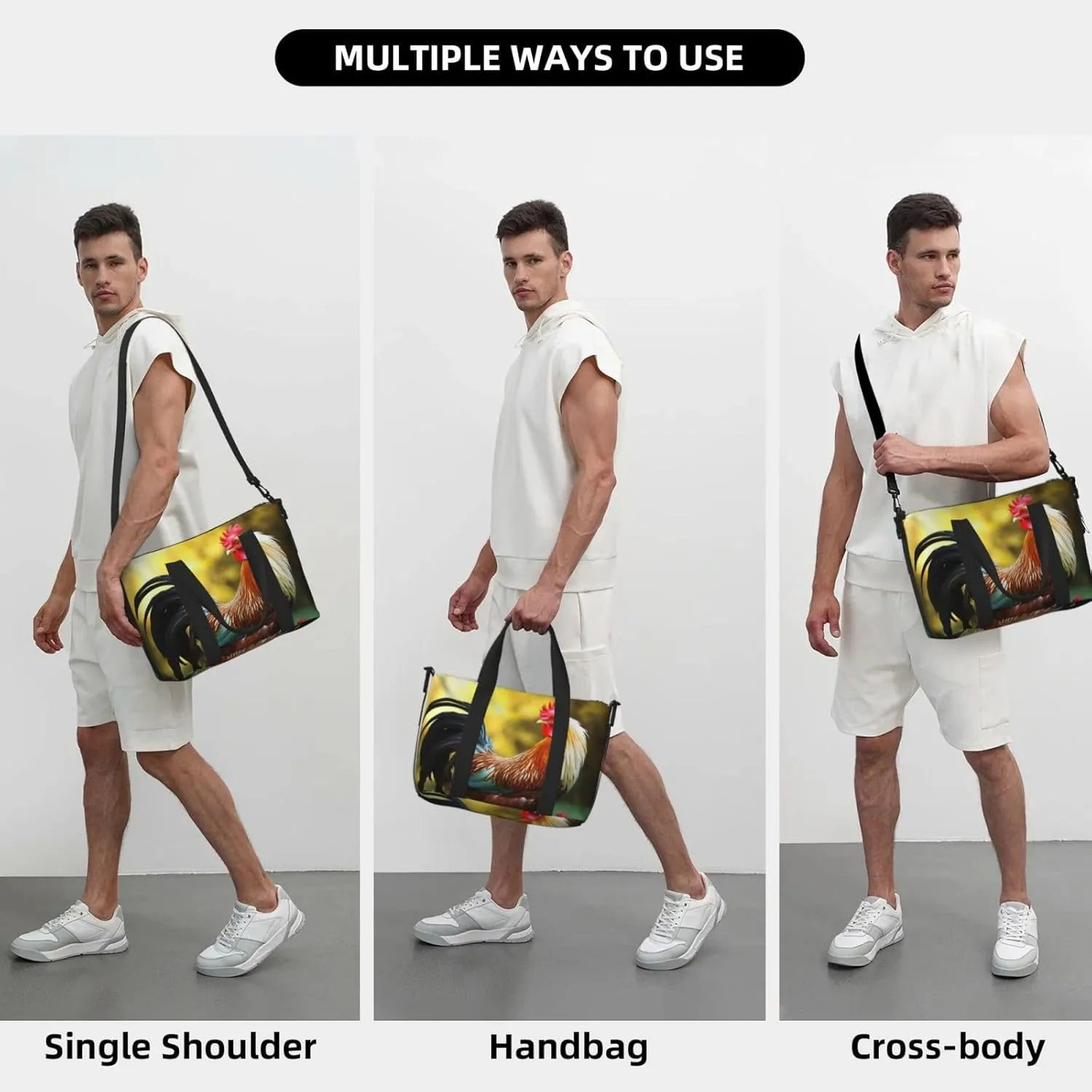 Sports Gym Bag for Women Men Travel Duffel Bag Tote Beautiful Rooster Hen Weekender Bag Canvas Carry on Overnight Bag for Travel Swimming Fitness Workout Sports Duffle Bag