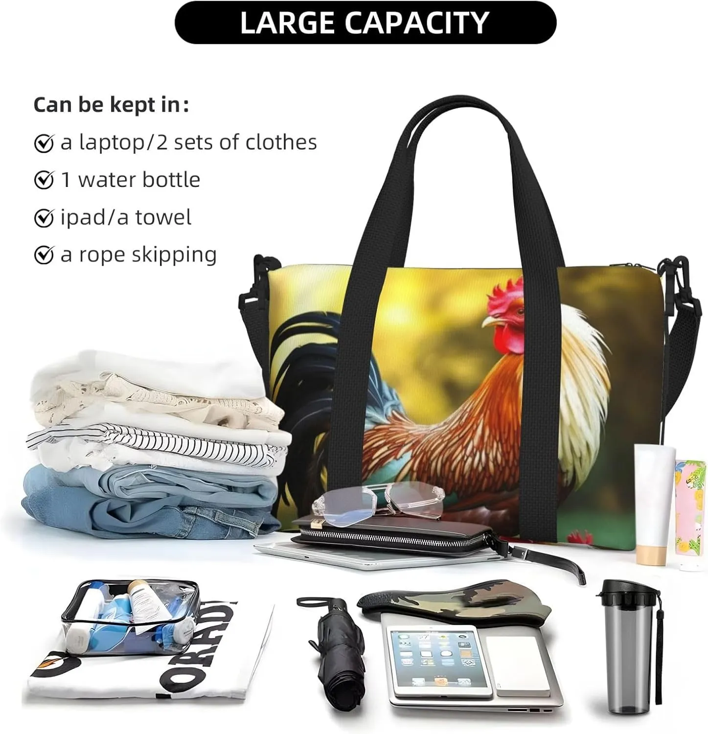 Sports Gym Bag for Women Men Travel Duffel Bag Tote Beautiful Rooster Hen Weekender Bag Canvas Carry on Overnight Bag for Travel Swimming Fitness Workout Sports Duffle Bag