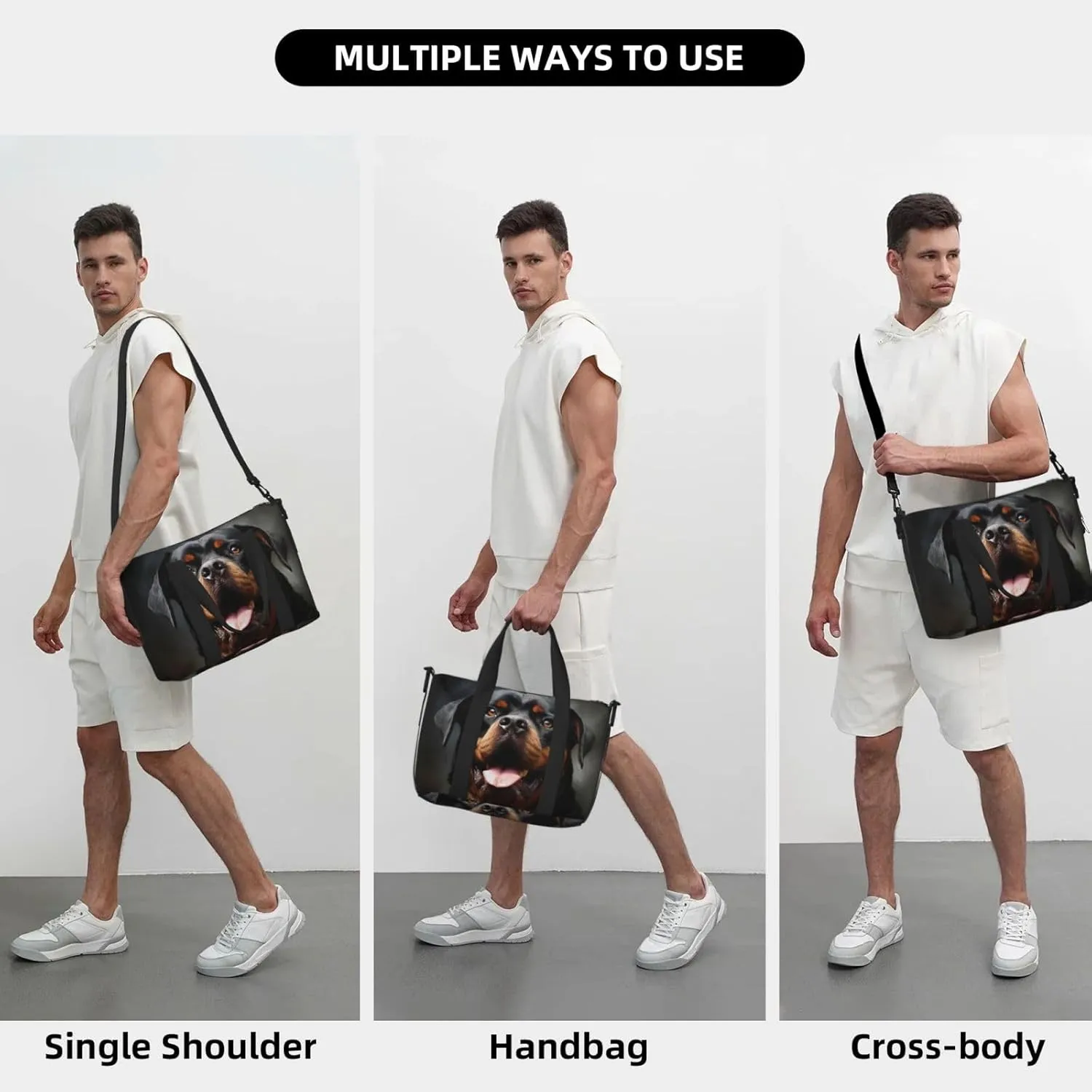 Sports Gym Bag for Women Men Travel Duffel Bag Tote Cool Rottweiler Dog Art Weekender Bag Canvas Carry on Overnight Bag for Travel Swimming Fitness Workout Sports Duffle Bag
