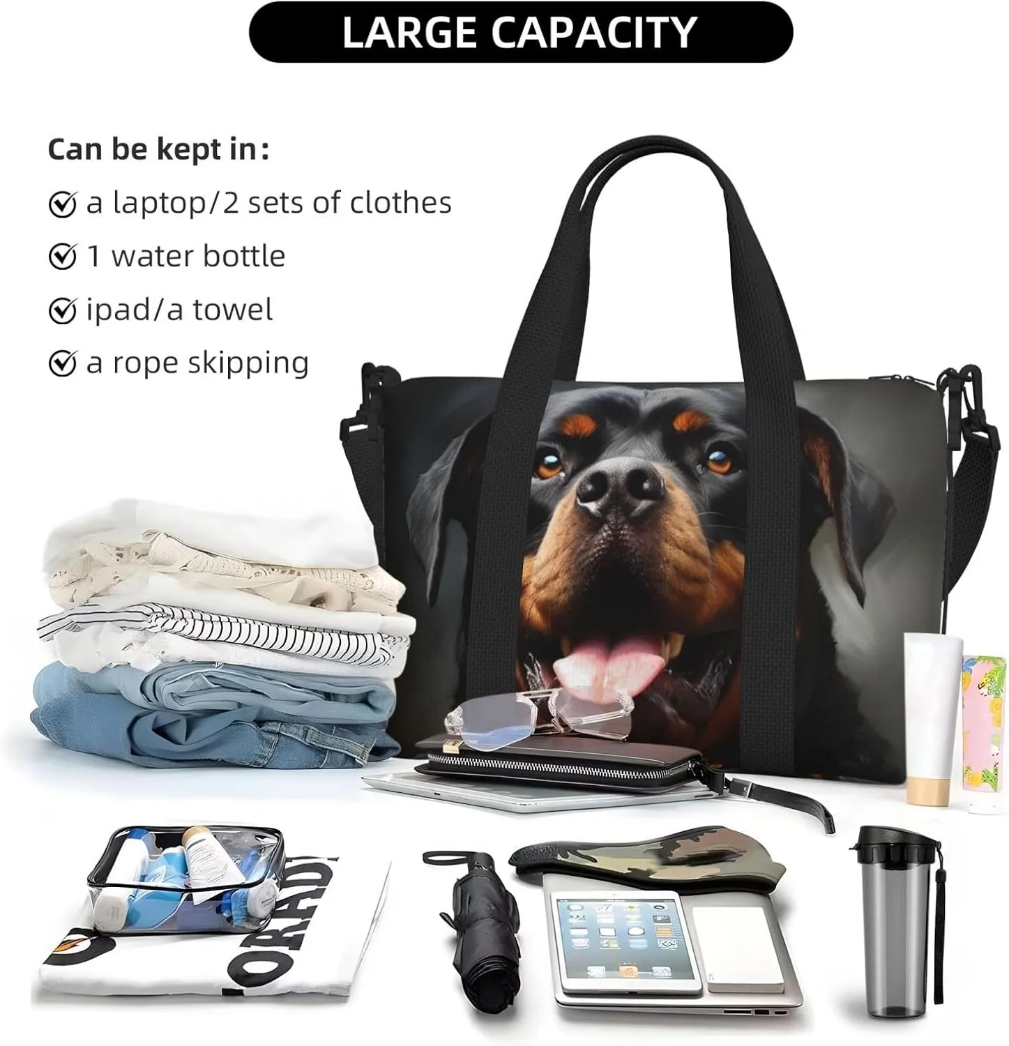 Sports Gym Bag for Women Men Travel Duffel Bag Tote Cool Rottweiler Dog Art Weekender Bag Canvas Carry on Overnight Bag for Travel Swimming Fitness Workout Sports Duffle Bag