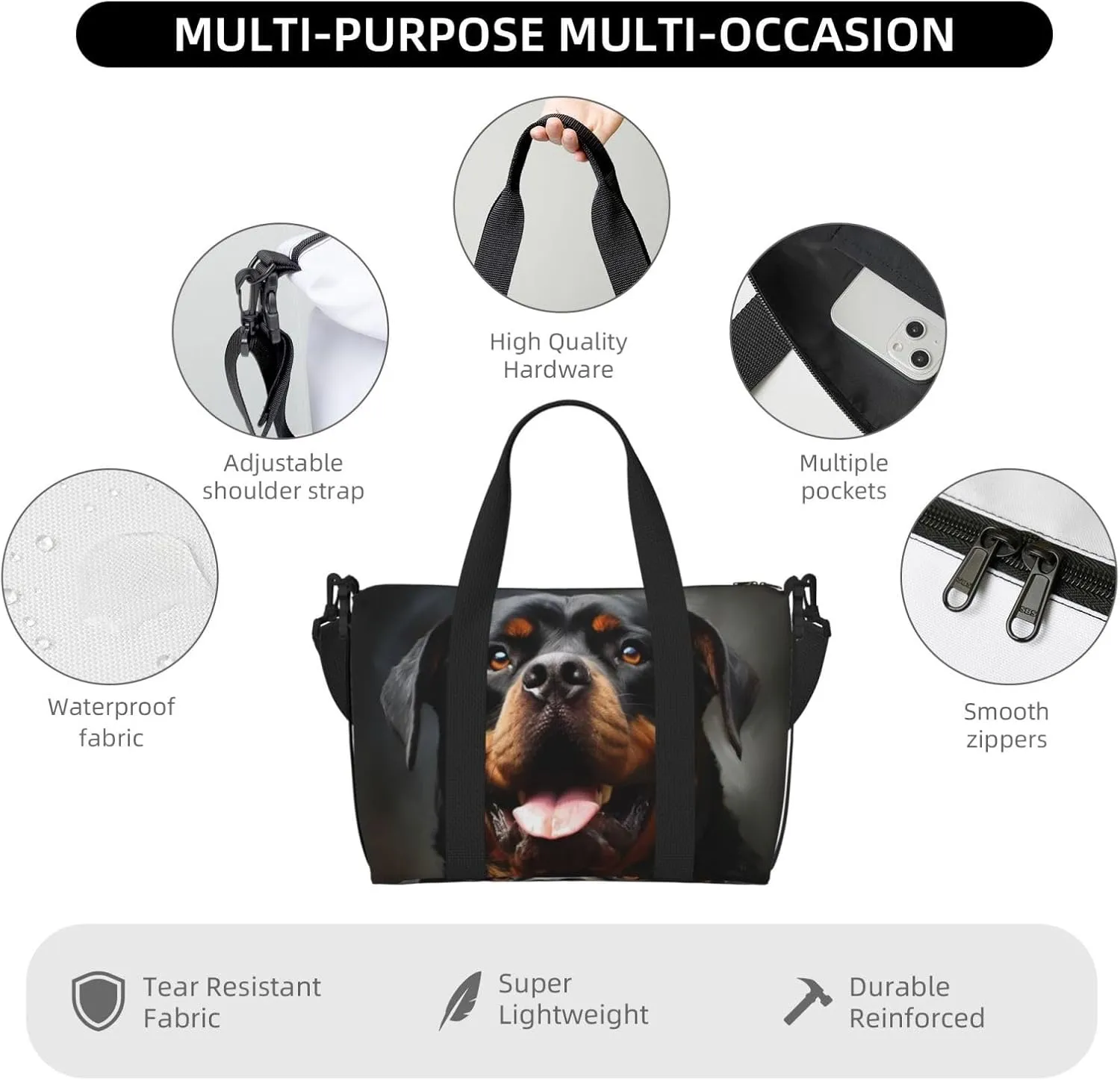 Sports Gym Bag for Women Men Travel Duffel Bag Tote Cool Rottweiler Dog Art Weekender Bag Canvas Carry on Overnight Bag for Travel Swimming Fitness Workout Sports Duffle Bag
