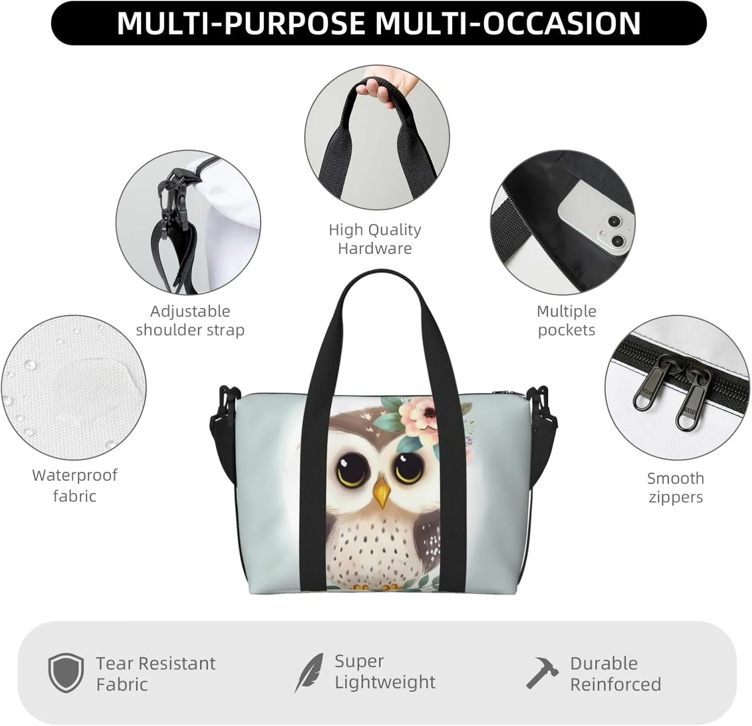 Sports Gym Bag for Women Men Travel Duffel Bag Tote Cute Owl with Flowers Weekender Bag Canvas Carry on Overnight Bag for Travel Swimming Fitness Workout Sports Duffle Bag