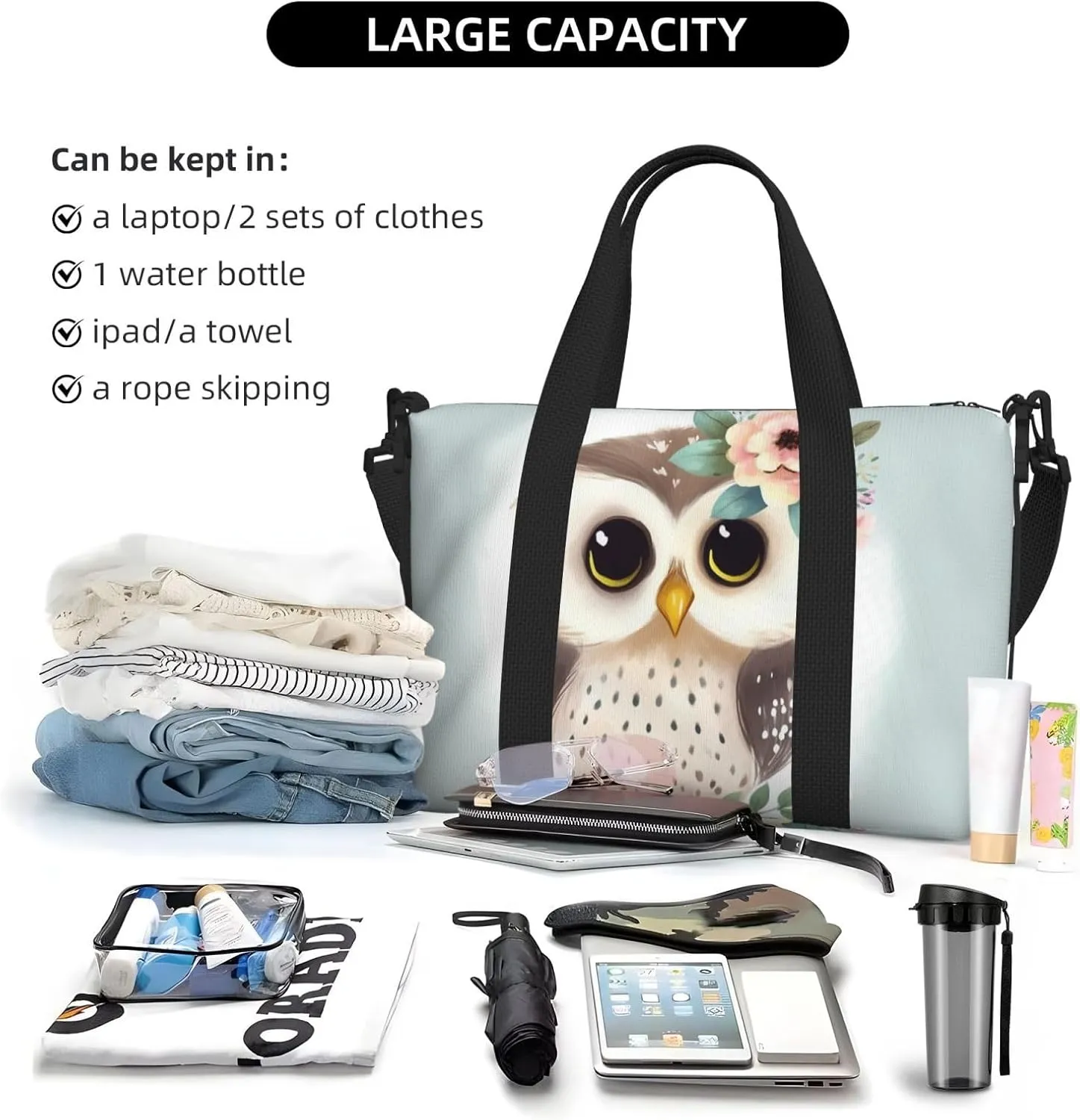 Sports Gym Bag for Women Men Travel Duffel Bag Tote Cute Owl with Flowers Weekender Bag Canvas Carry on Overnight Bag for Travel Swimming Fitness Workout Sports Duffle Bag