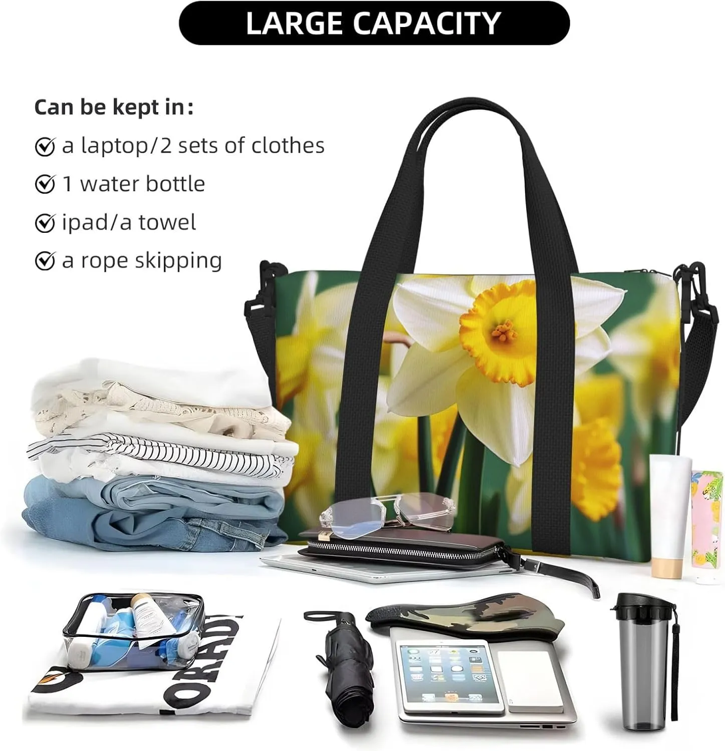 Sports Gym Bag for Women Men Travel Duffel Bag Tote Daffodil Flower Weekender Bag Canvas Carry on Overnight Bag for Travel Swimming Fitness Workout Sports Duffle Bag