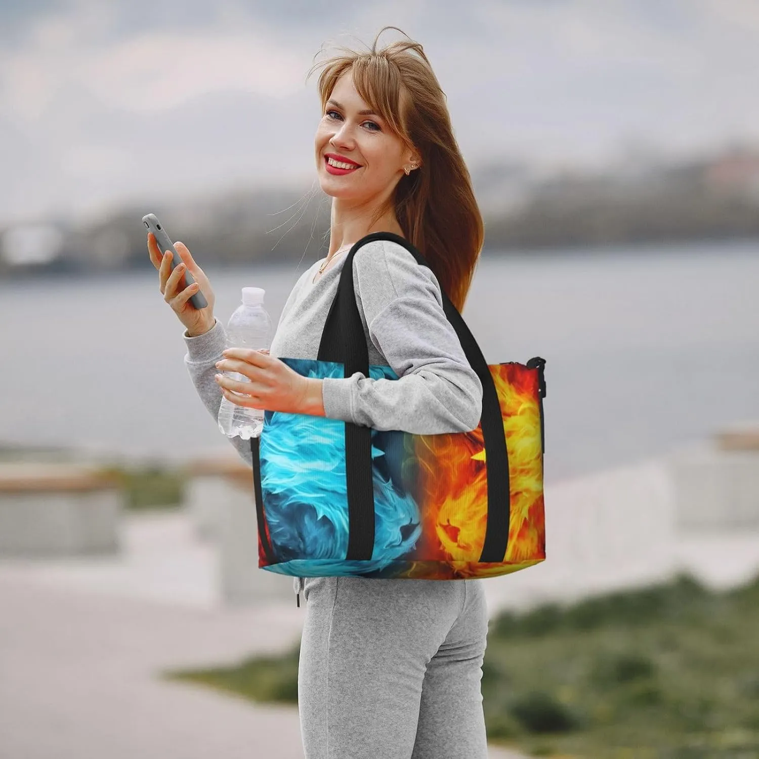 Sports Gym Bag for Women Men Travel Duffel Bag Tote Fire vs ice art Weekender Bag Canvas Carry on Overnight Bag for Travel Swimming Fitness Workout Sports Duffle Bag