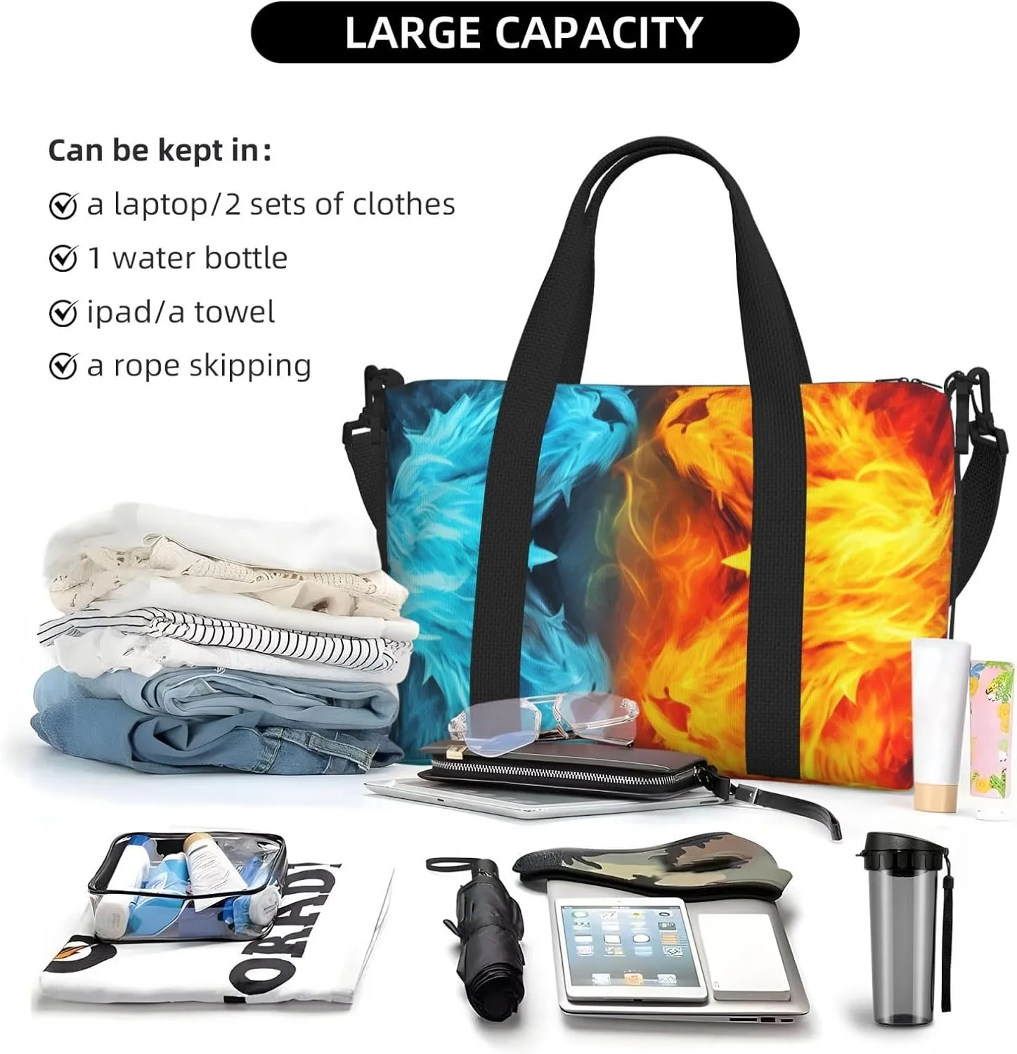 Sports Gym Bag for Women Men Travel Duffel Bag Tote Fire vs ice art Weekender Bag Canvas Carry on Overnight Bag for Travel Swimming Fitness Workout Sports Duffle Bag